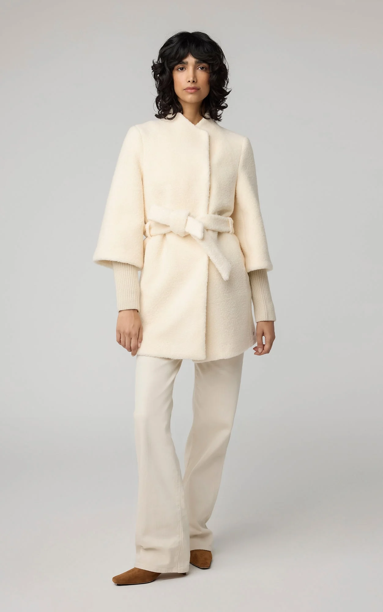 Mariah Semi-Fitted Wool Blend Sherpa Coat With Belt | Powder - Image 3