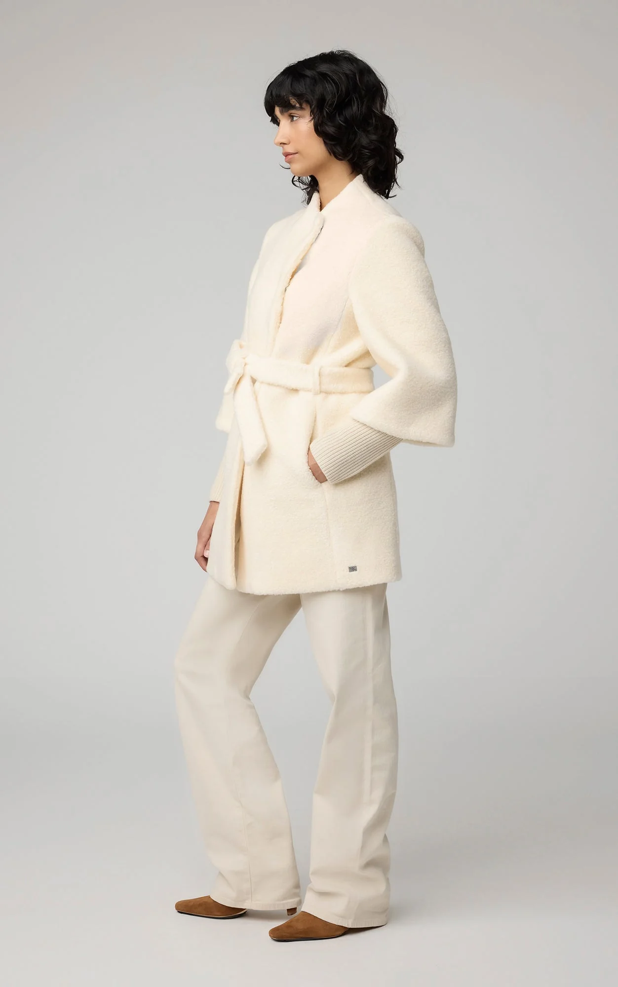 Mariah Semi-Fitted Wool Blend Sherpa Coat With Belt | Powder - Image 4