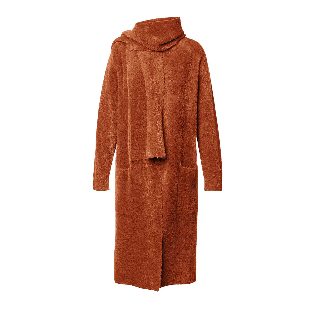 Tiana Below-Knee-Length Plush Coatigan With Scarf | Copper