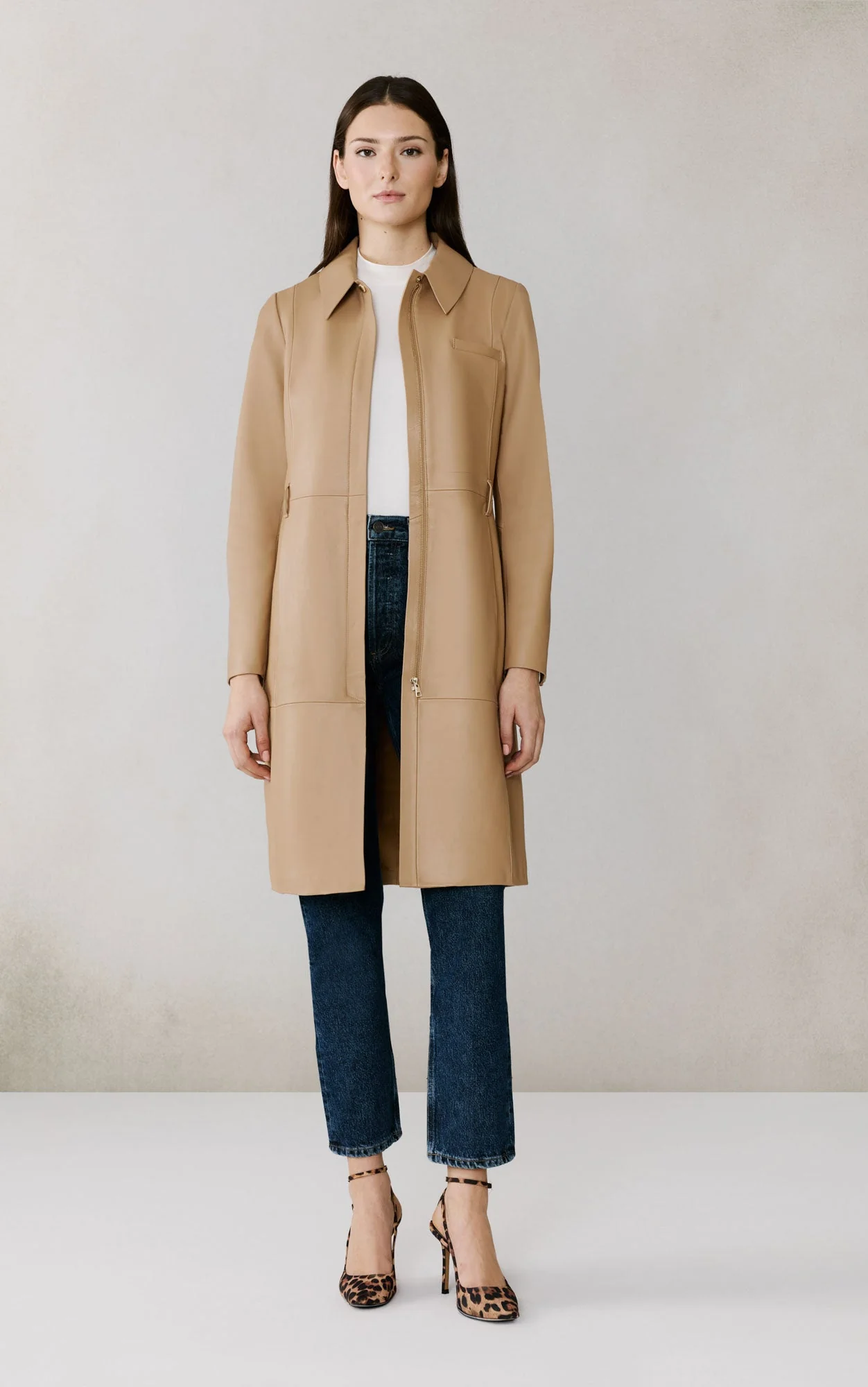 Wendy Longline Coat In Leather | Teak - Image 2
