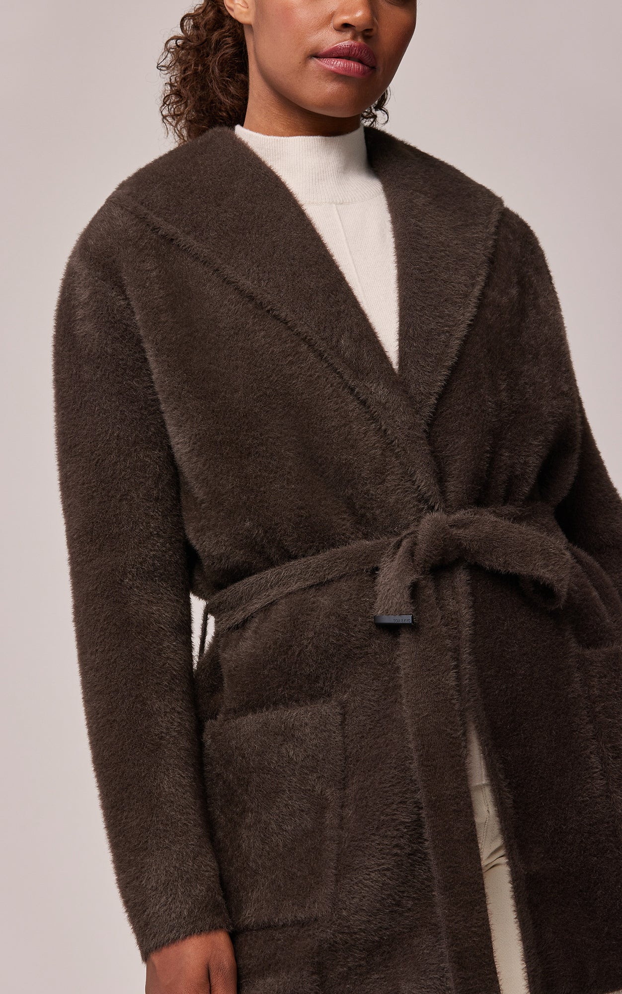 Zora Relaxed-Fit Plush Coatigan With Belt | Mushroom - Image 4